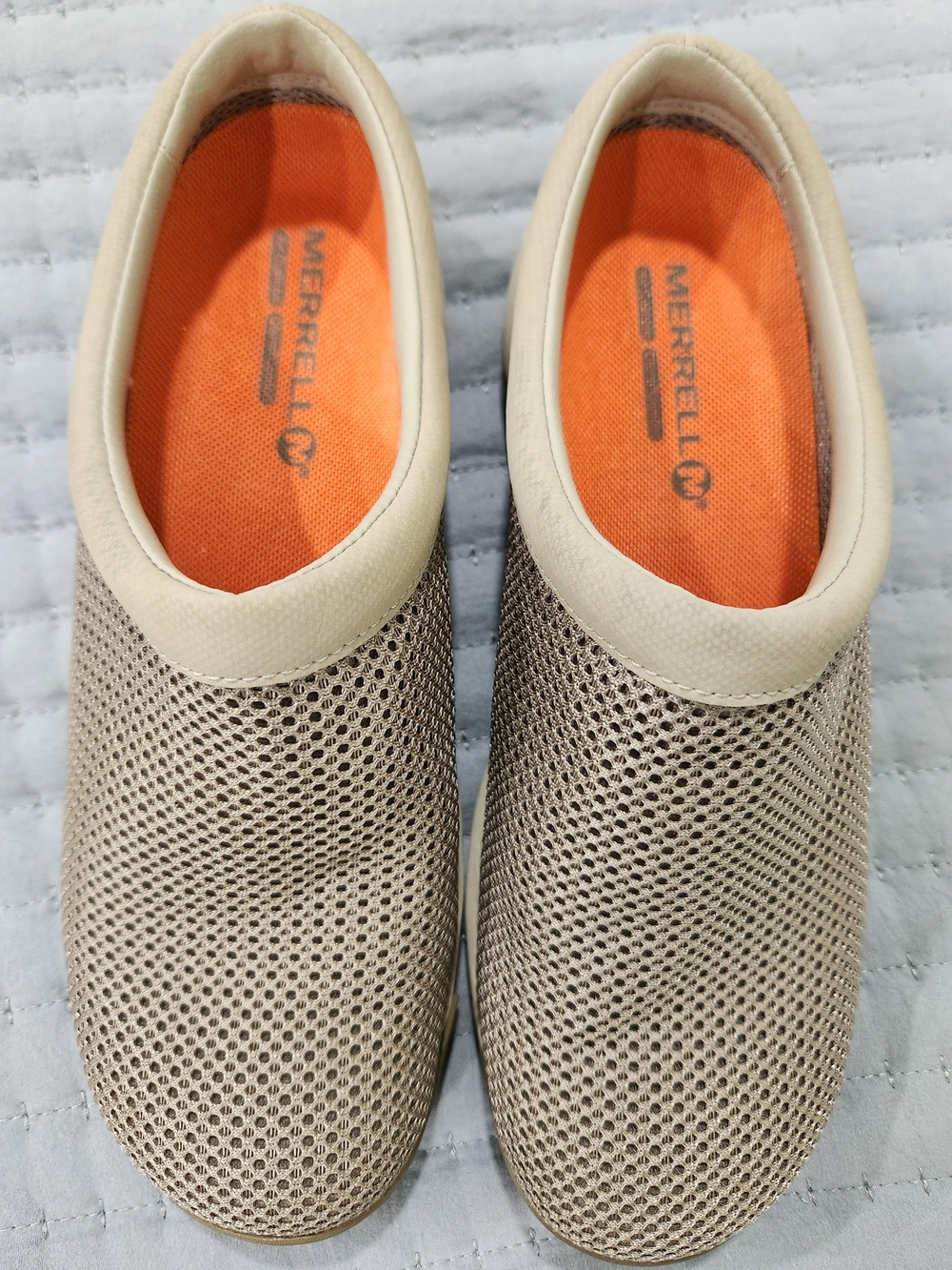 Merrell Beige Mesh Slip-On Mules with Orange Insole